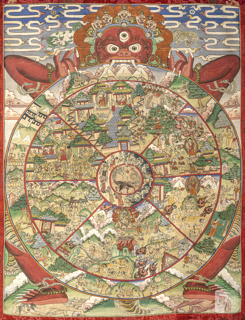 A THANGKA DEPICTING THE WHEEL OF LIFE, BHAVACHAKRA